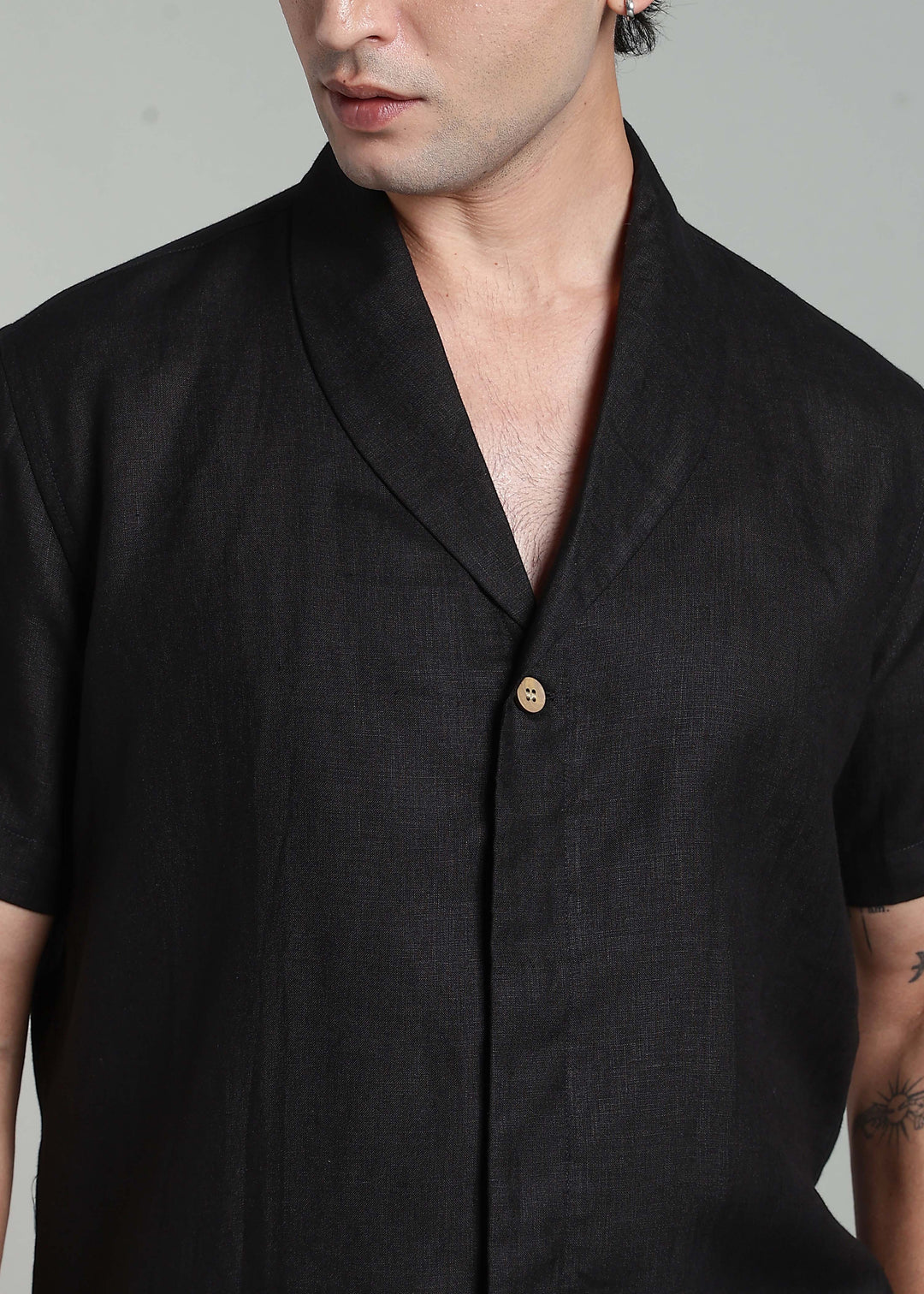 Cyrus - Pure Linen Half Sleeve Shawl Collar Shirt - Black
