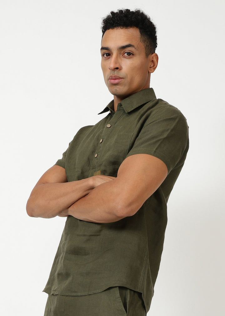 Matteo Pure Linen T-Shirt - Moss Green