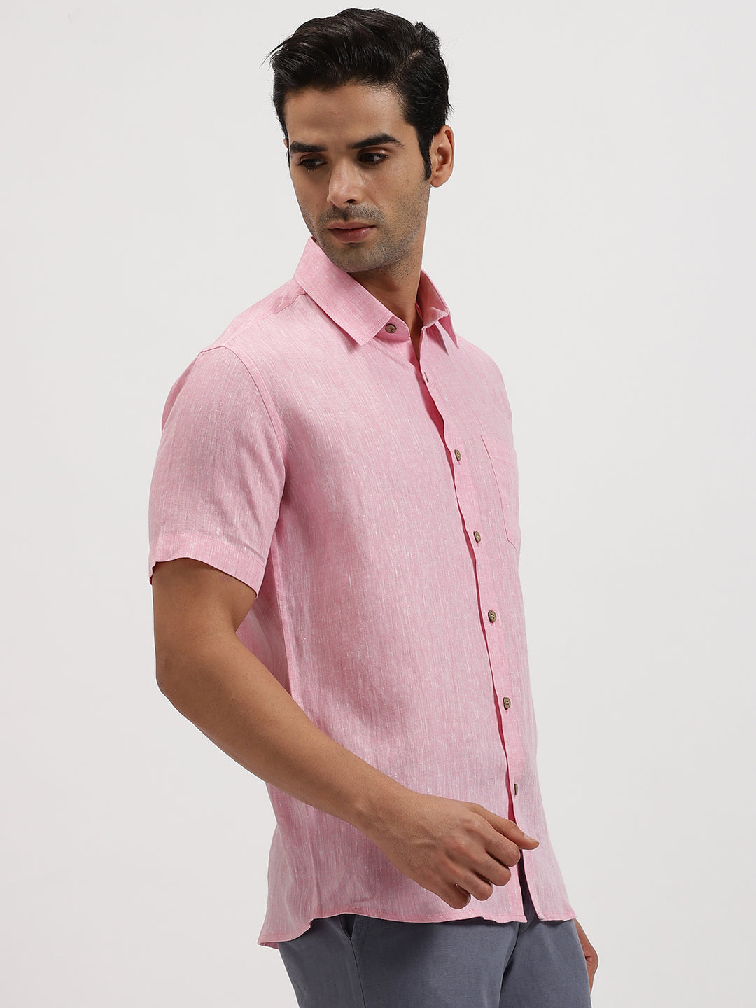 Bryce - Pure Linen Chambray Half Sleeve Shirt - Pink