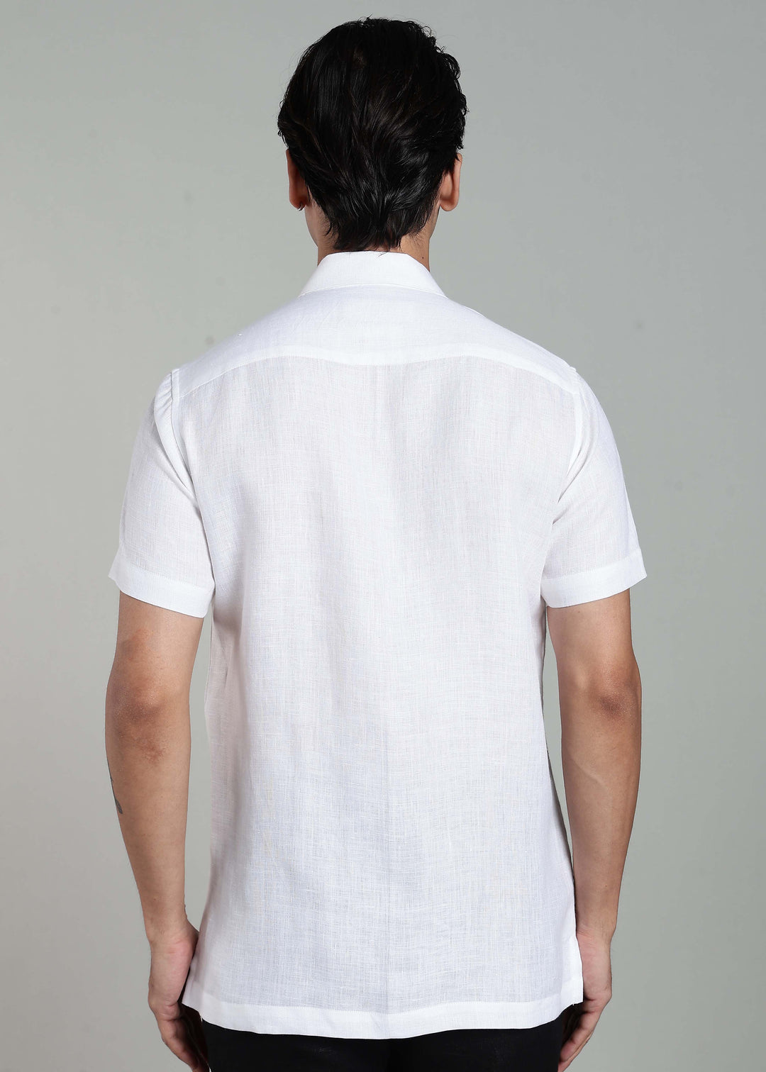 Bayu - Pure Linen Half Sleeve Cuban Collar Shirt with Dragonfly Embroidery - White
