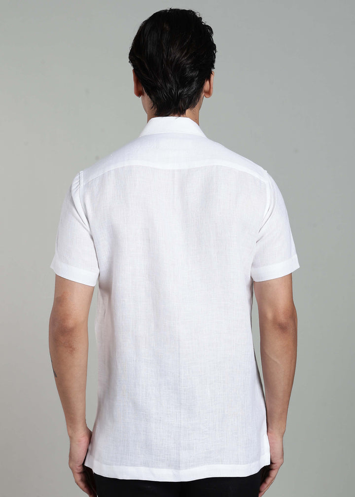 Bayu - Pure Linen Half Sleeve Cuban Collar Shirt with Dragonfly Embroidery - White