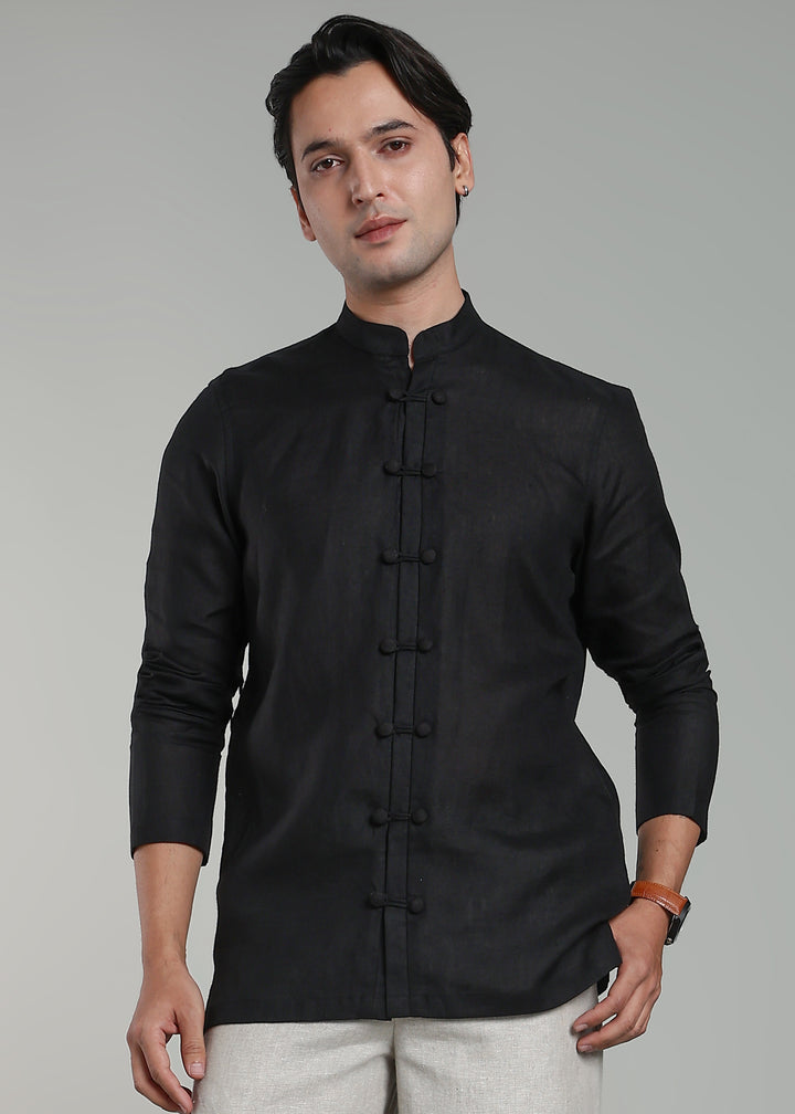 Advik - Pure Linen Short Kurta with Double Button and Loop Closure - Black