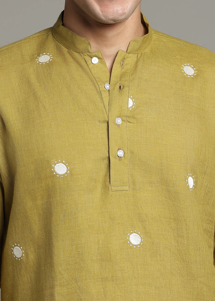 Dot - Pure Linen Embroidered Full Sleeve Short Kurta - Sap Green