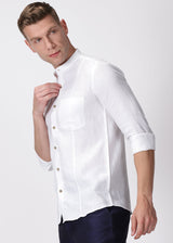 Trevor - Pure Linen Mandarin Collar Full Sleeve Shirt - White