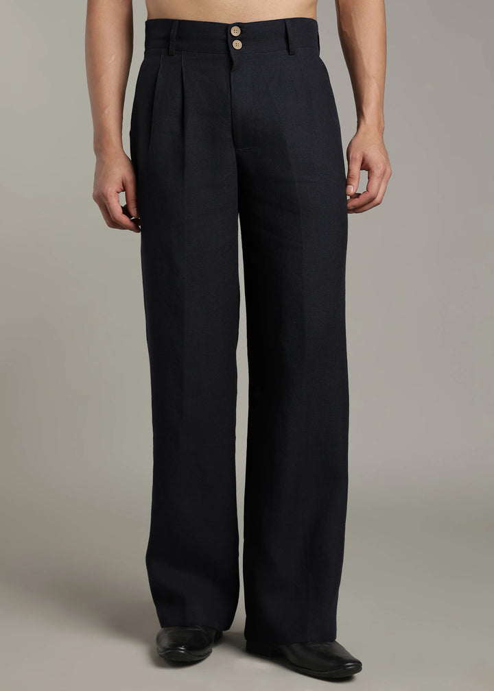 Ashford - Pure Linen Double Pleated High Waisted Trousers - Regal Blue
