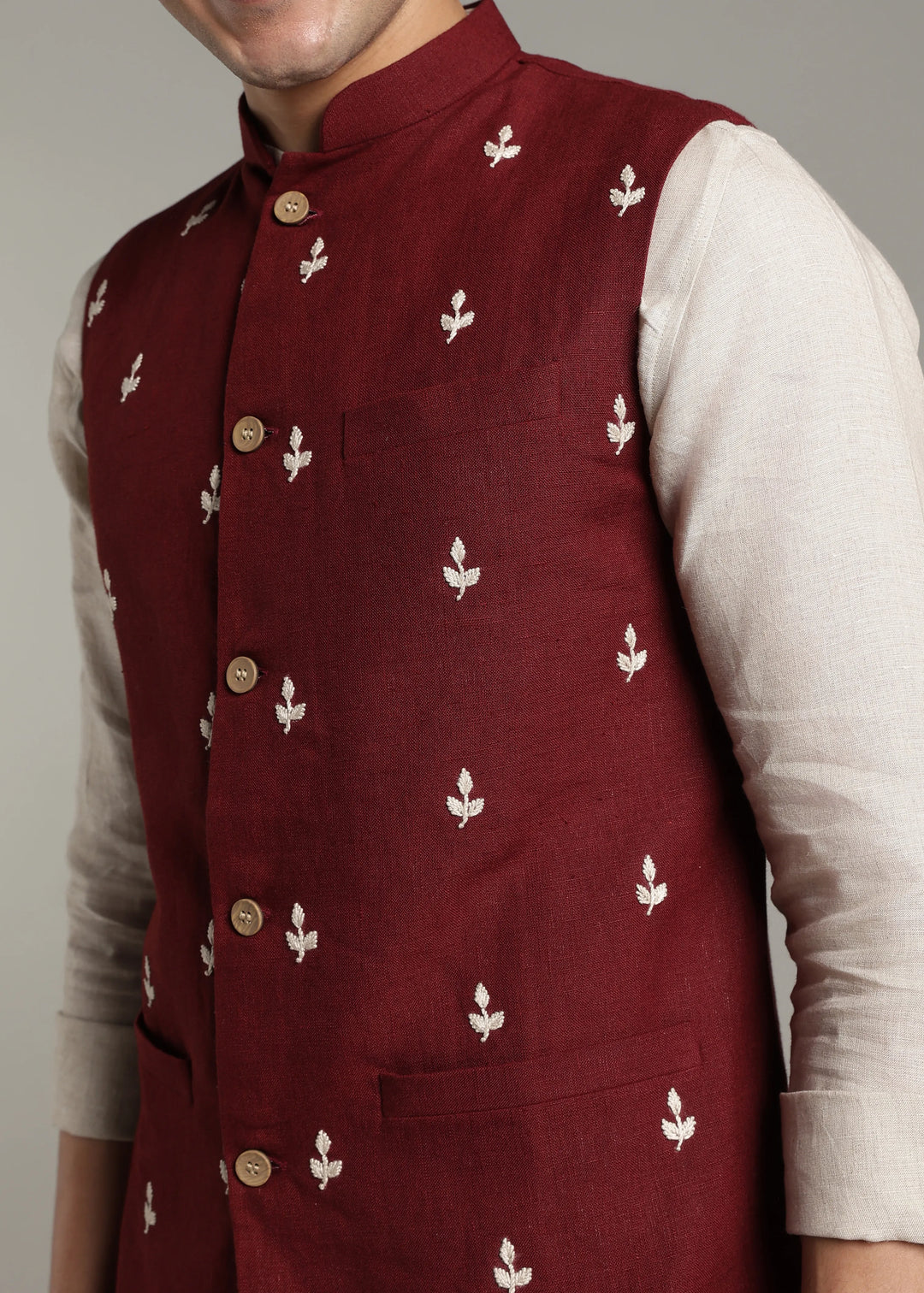 Gulzar - Hand Embroidered Pure Linen Nehru Jacket - Dark Maroon