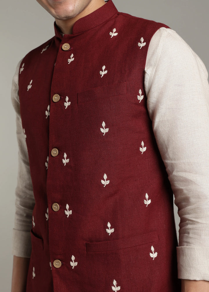 Gulzar - Hand Embroidered Pure Linen Nehru Jacket - Dark Maroon