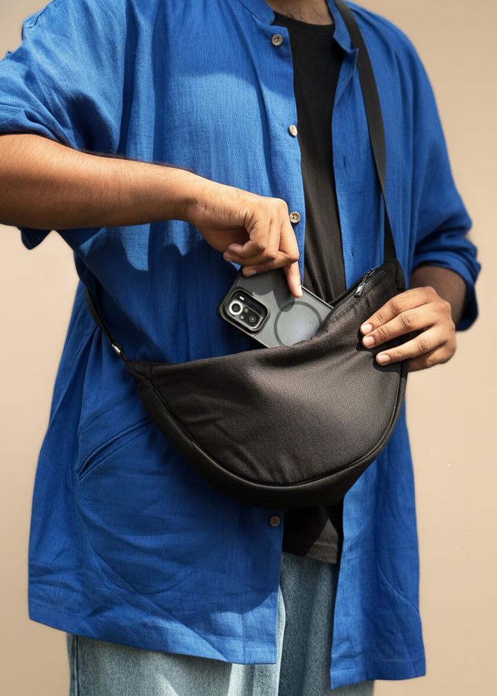 Linen Up-cycled Moon Bag - Black