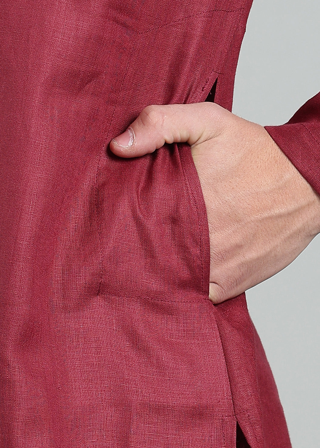 Karan - Pure Linen Mandarin Collar Regular Kurta - Red Wine