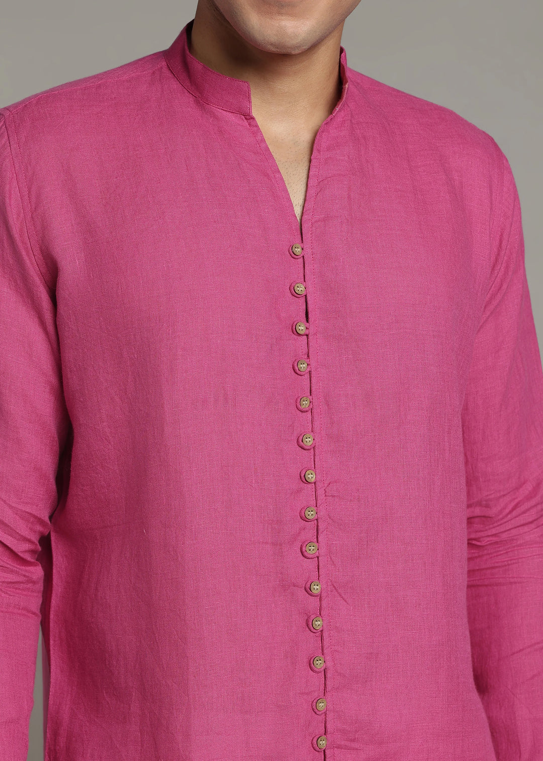 Yue - Pure Linen V Neck Full Sleeve Shirt - Raspberry Pink