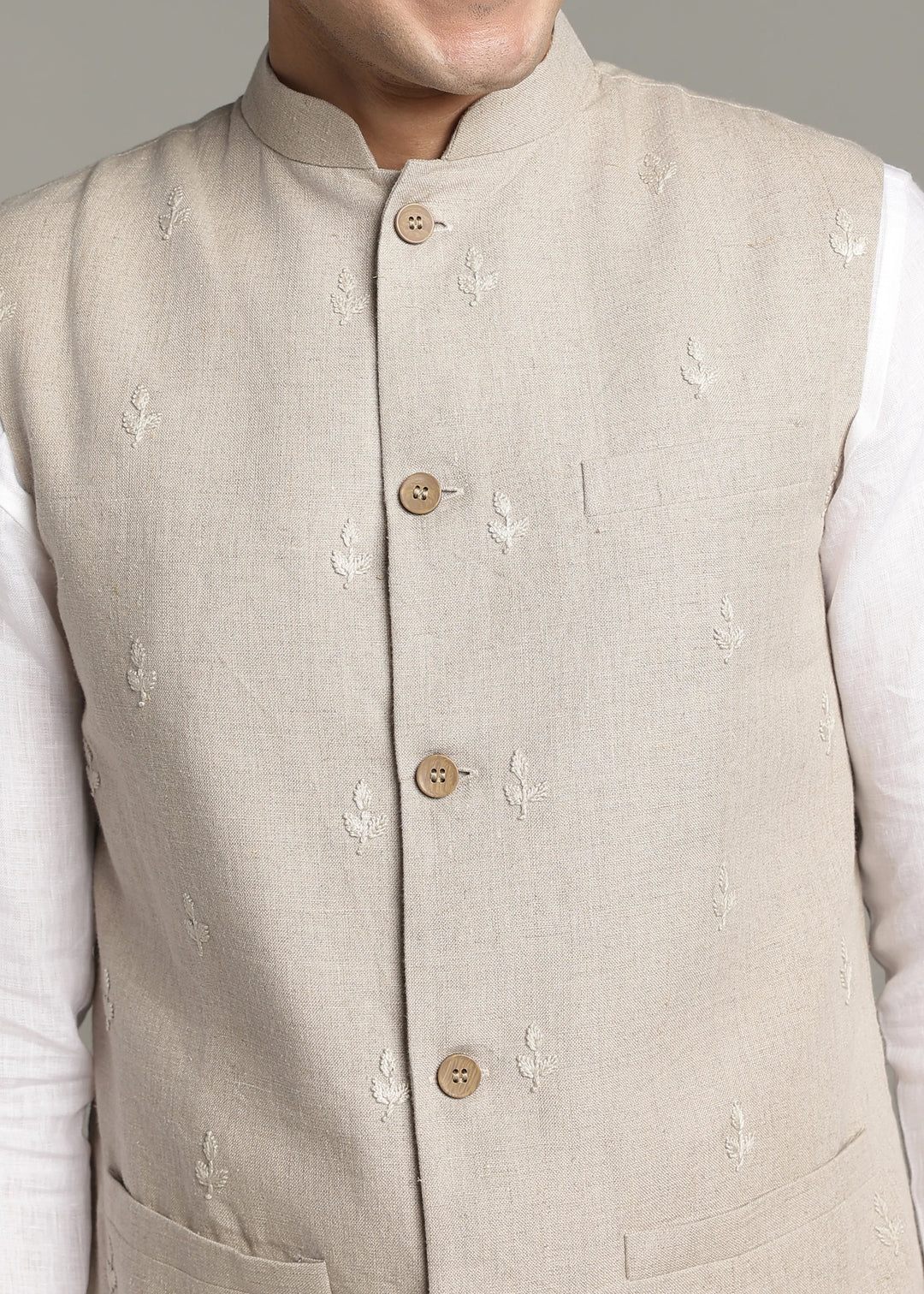 Gulzar - Hand Embroidered Pure Linen Nehru Jacket - Dark Ecru