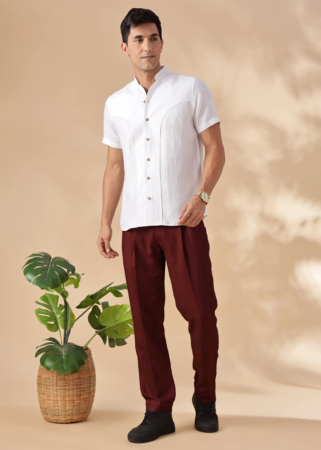 Foster - Pure Linen Trousers with Stylised Waistband - Dark Maroon