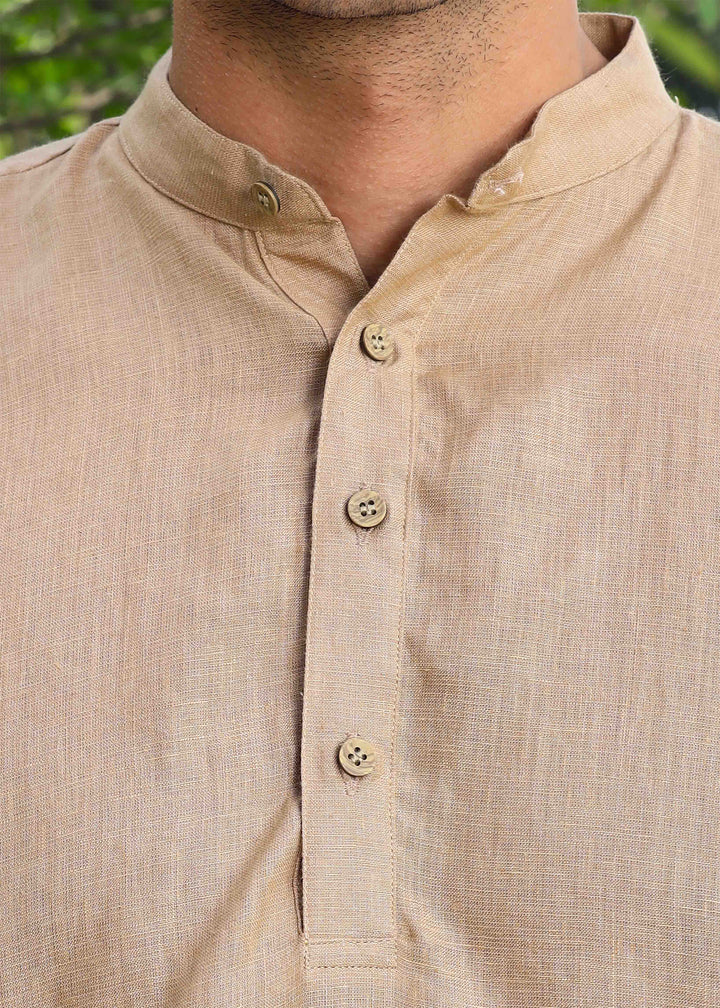 Parker - Full Sleeve Mandarin Collar Pure Linen Kurta - Oakwood Brown