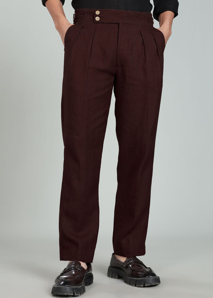 Wes Pants - Pure Linen Pleated Trousers with Adjustable Waistband - Cocoa Brown