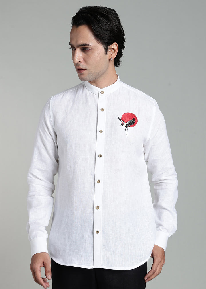 Asahi - Pure Linen Full Sleeve Mandarin Collar Embroidered Shirt - White