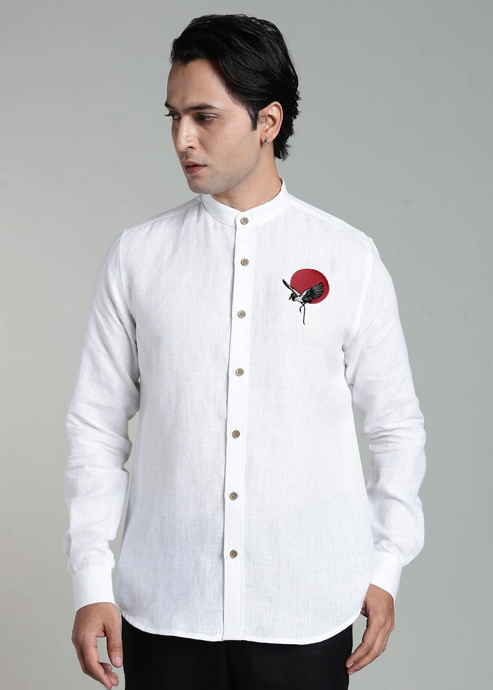 Man wearing 100% pure linen White Full Sleeve Shirt with Mandarin Collar and Japanese Inspired Embroidery in 44 LEA