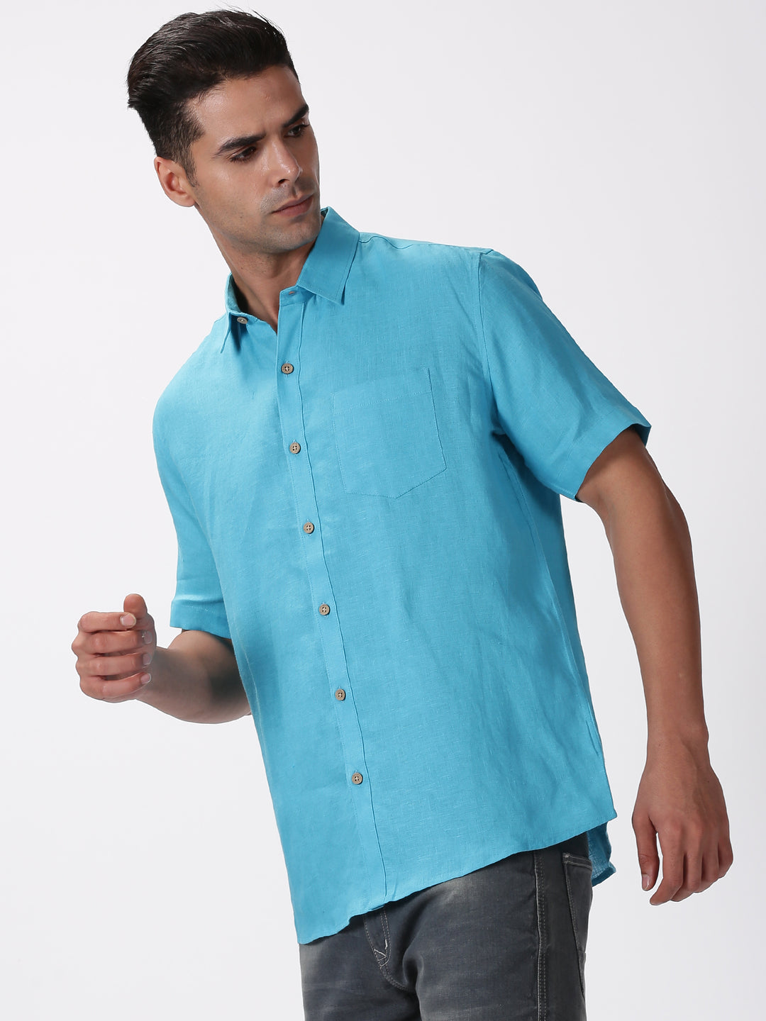 Kian - Pure Linen Regular Collar Half Sleeve Shirt - Aqua Blue