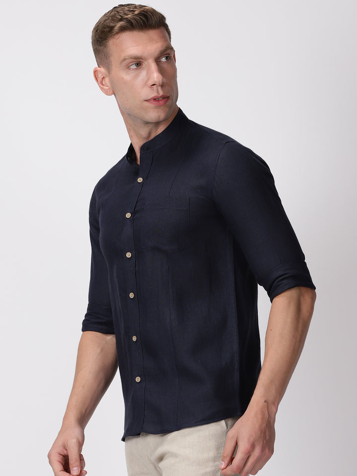 Trevor - Pure Linen Mandarin Collar Full Sleeve Shirt - Dark Blue