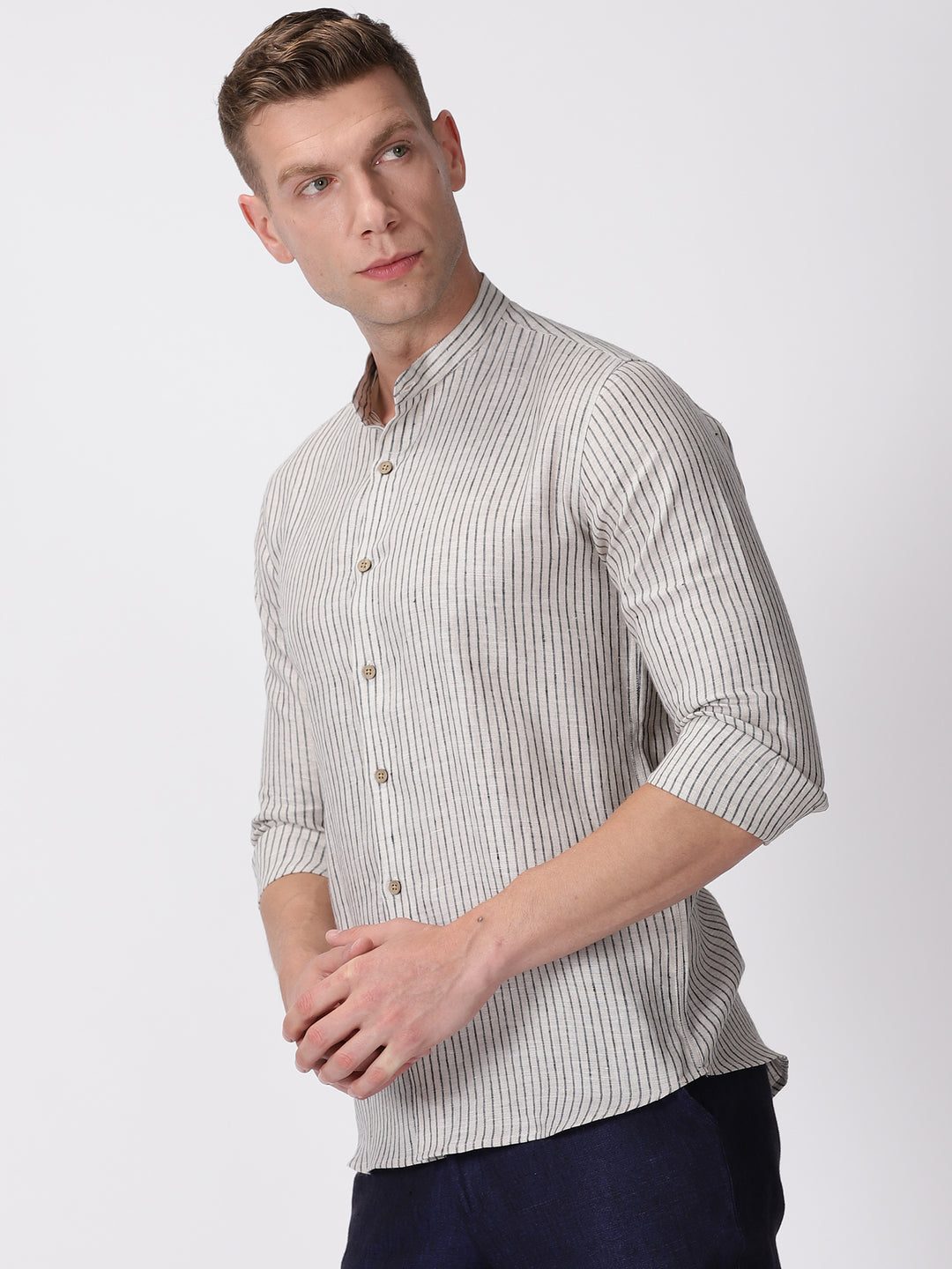 Max - Pure Linen Striped Long Sleeve Shirt - Ecru & Black