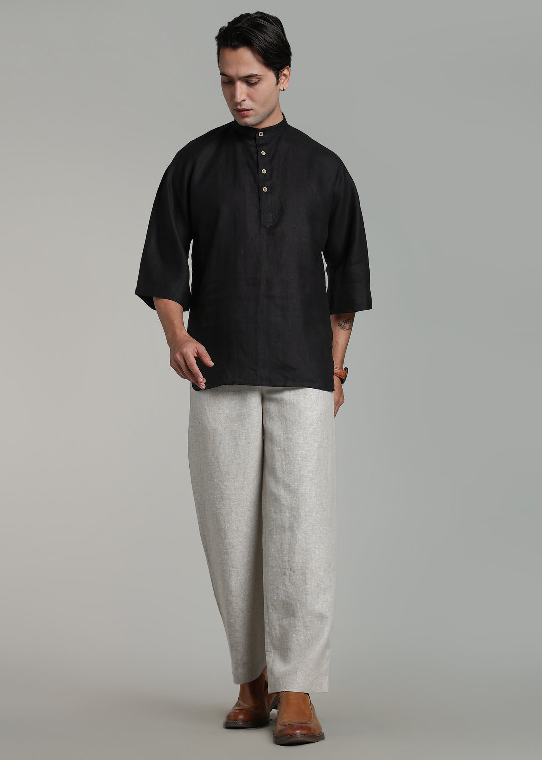 Sora - Three Quarter Sleeve Pure Linen Short Kimono Kurta - Black