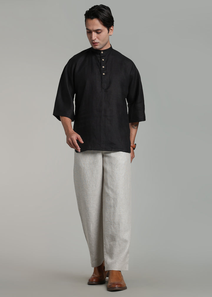 Sora - Three Quarter Sleeve Pure Linen Short Kimono Kurta - Black