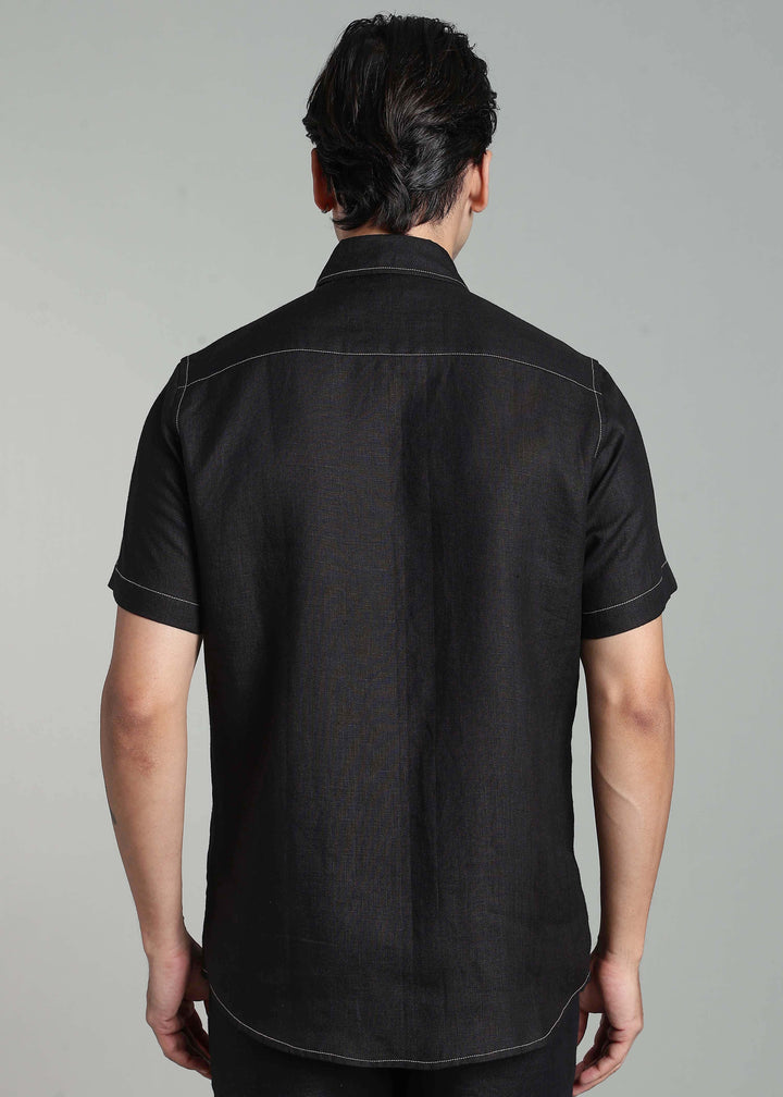 Paul - Pure Linen Stitch Detailed Half Sleeve Shirt - Black