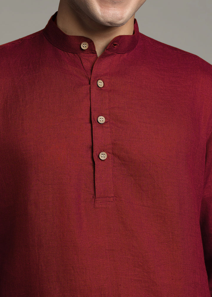 Saif - Pure Linen Full Sleeve Short Kurta with Hem Stitch Detail - Red Wine