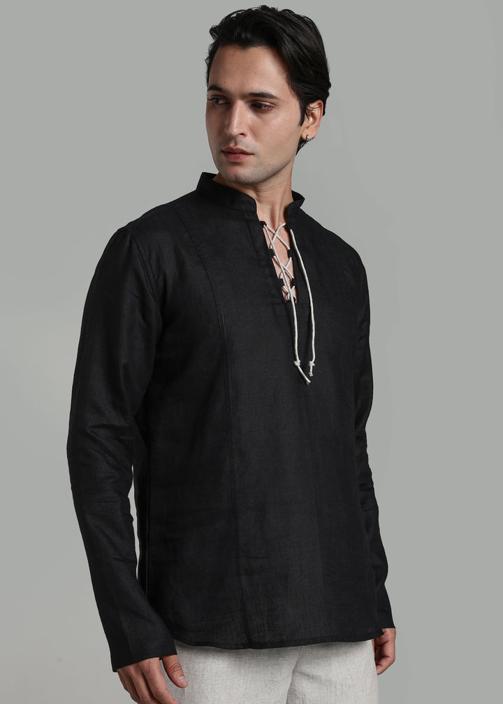 Kiaan - Pure Linen Short Kurta with Neck Tie Detail - Black