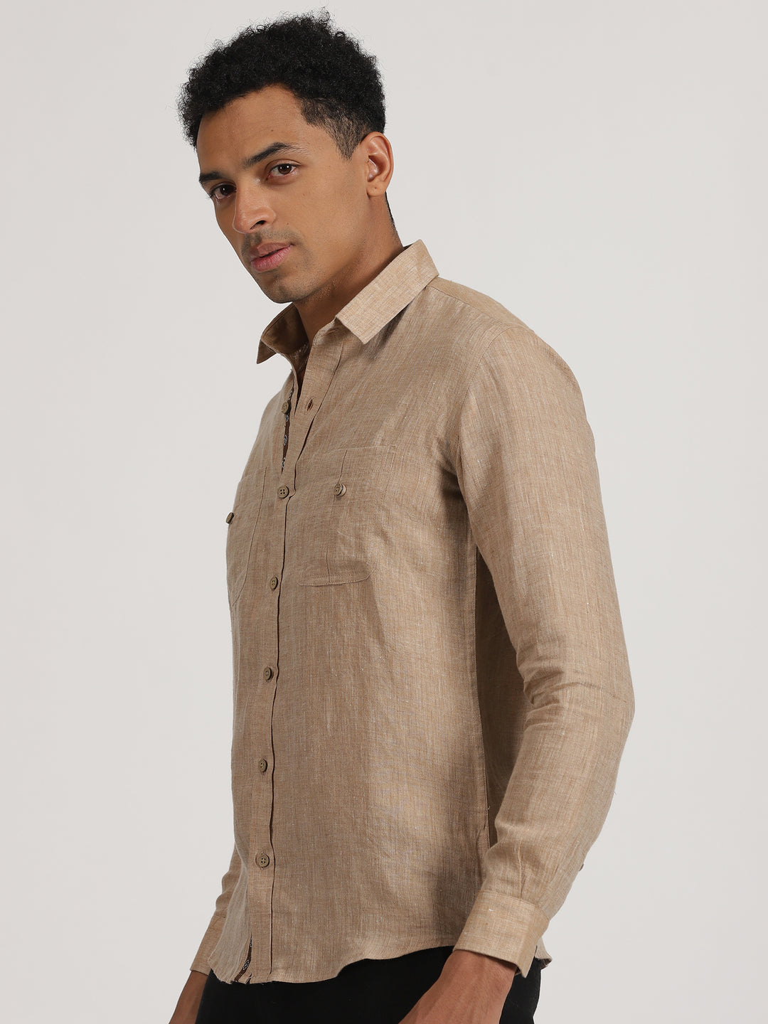 Neal - Pure Linen Double Pocket Full Sleeve Shirt - Mocha