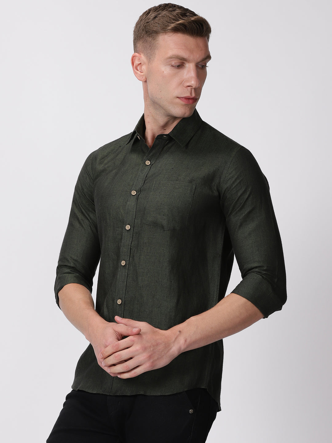 Harvey - Pure Linen Full Sleeve Shirt - Forest Green