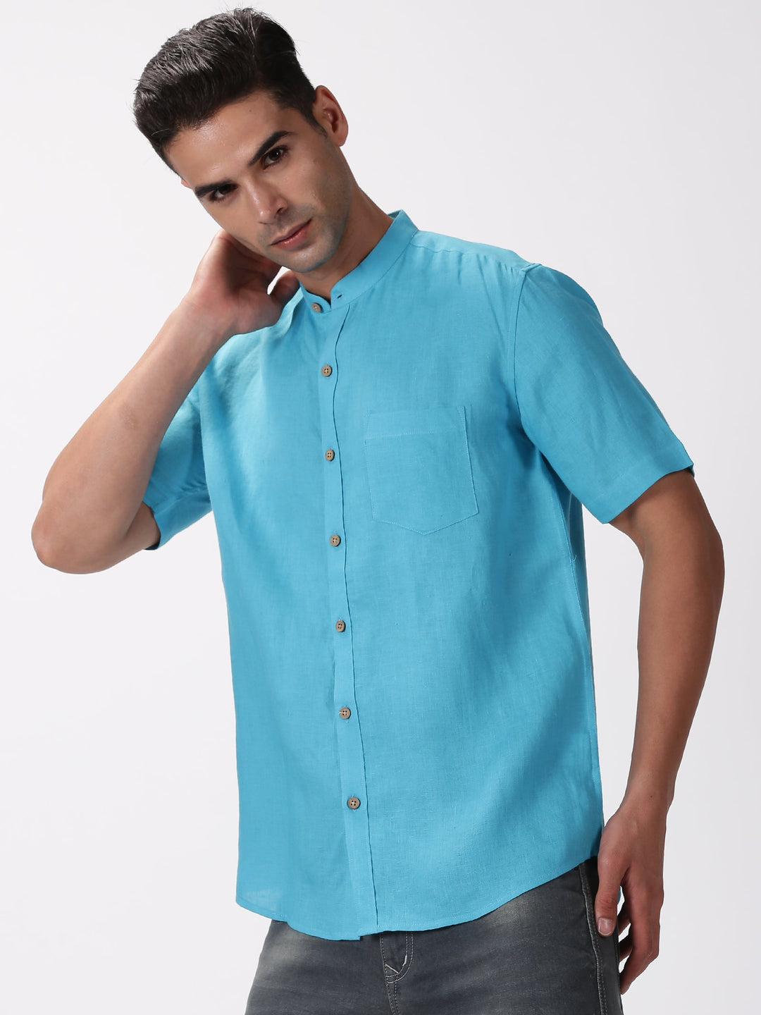 Enzo - Pure Linen Mandarin Collar Half Sleeve Shirt - Aqua Blue | Rescue