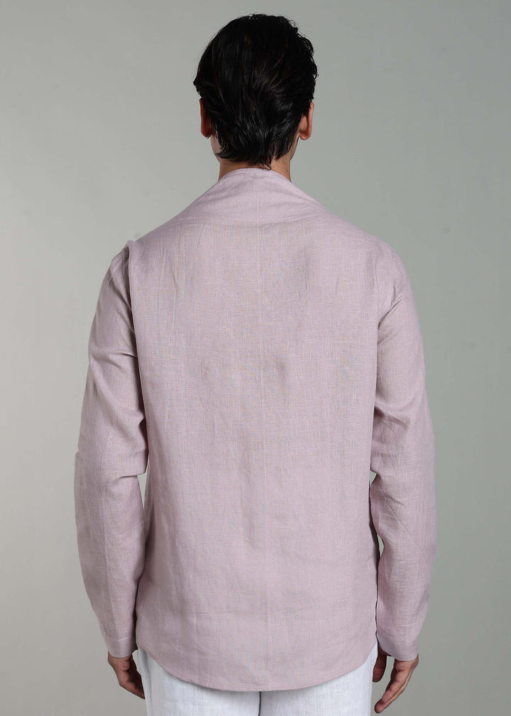 Reno - Pure Linen Full Sleeve Collarless Shirt  - Cameo Pink