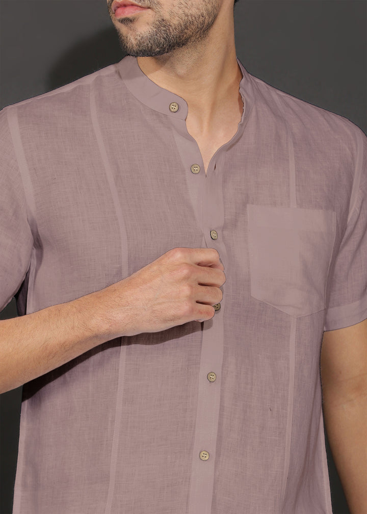 Trevor - Pure Linen Mandarin Collar Half Sleeve Shirt - Toasted Brown