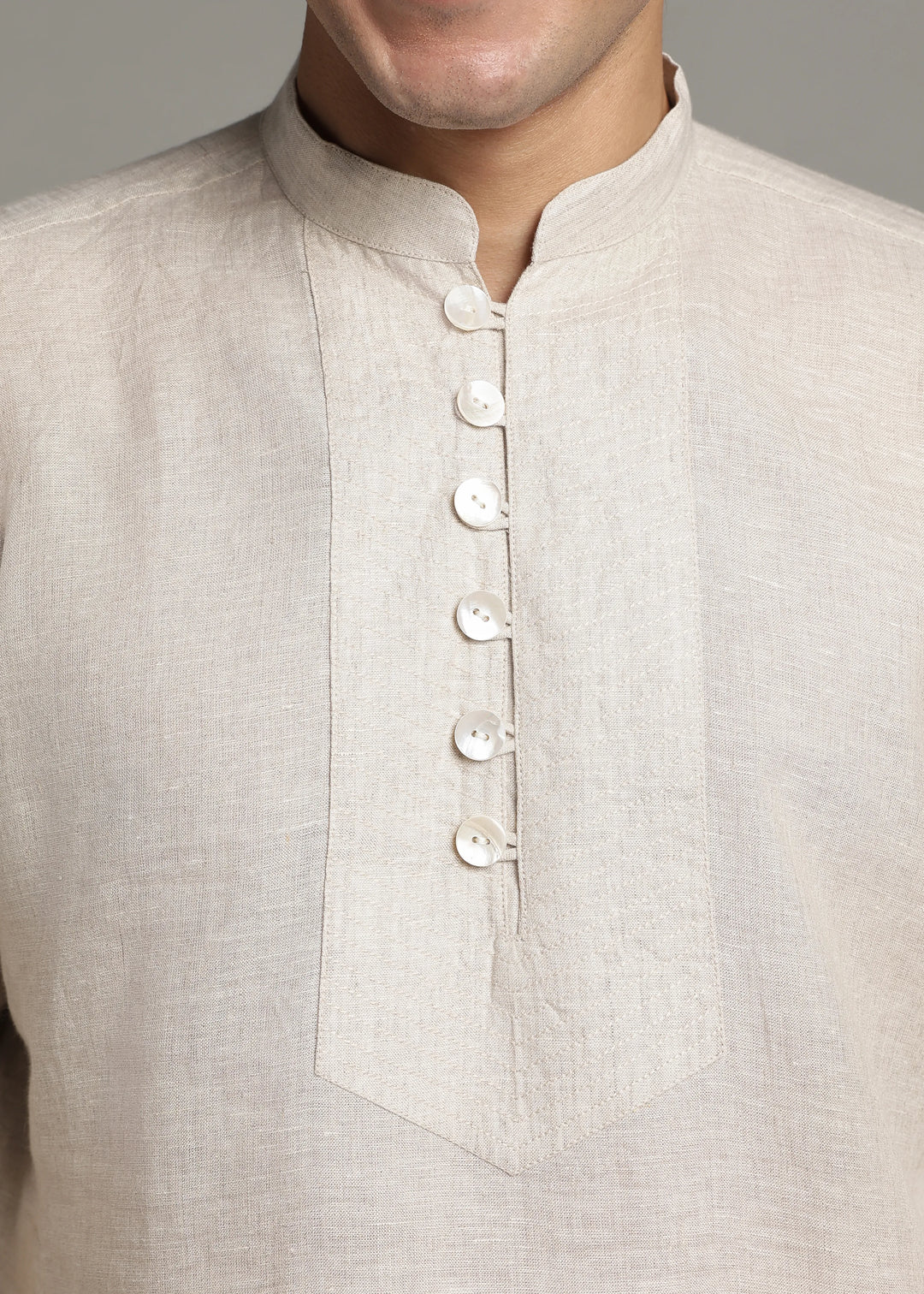 Taj - Pure Linen Long Kurta with Yolk Stitch Detail and Mother Of Pearl Buttons - Ecru