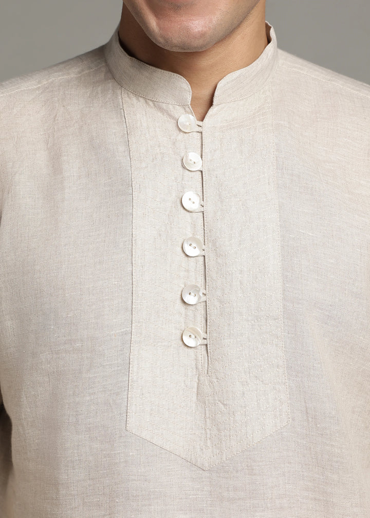 Taj - Pure Linen Long Kurta with Yolk Stitch Detail and Mother Of Pearl Buttons - Ecru