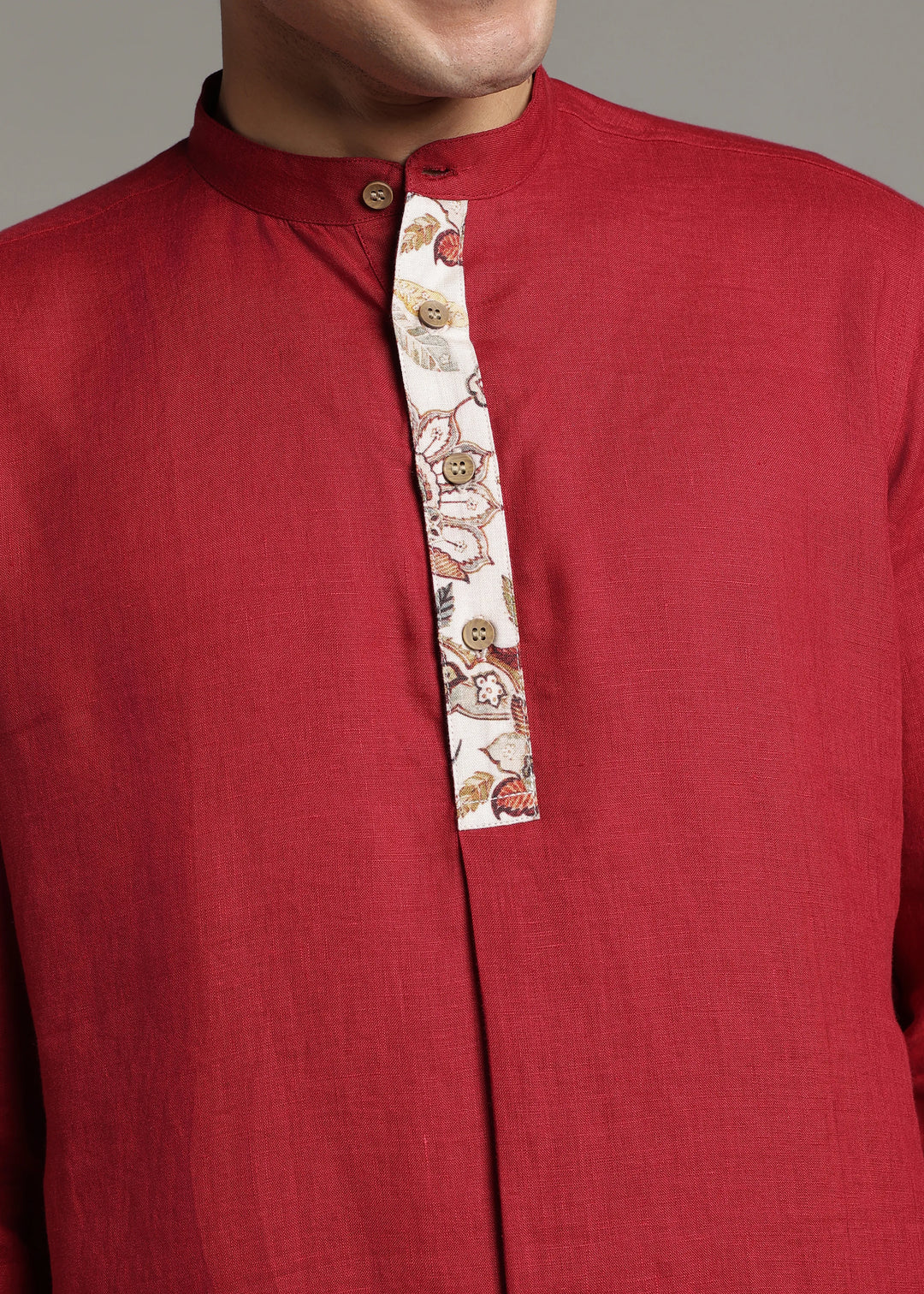 Vansh - Pure Linen Regular Kurta with Printed Placket detail - Mud Red