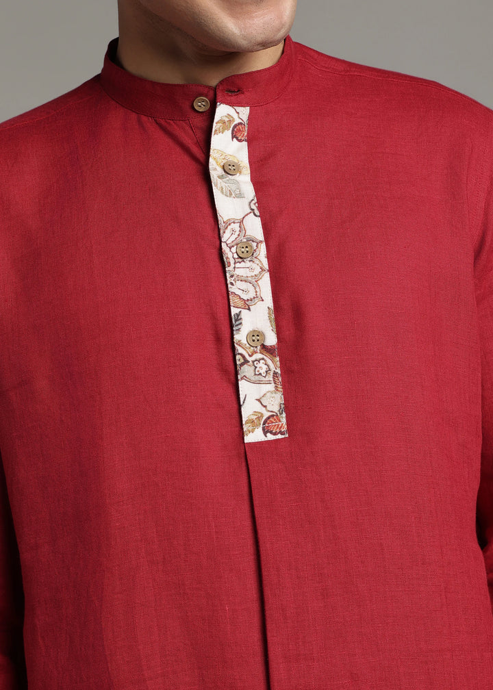Vansh - Pure Linen Regular Kurta with Printed Placket detail - Mud Red