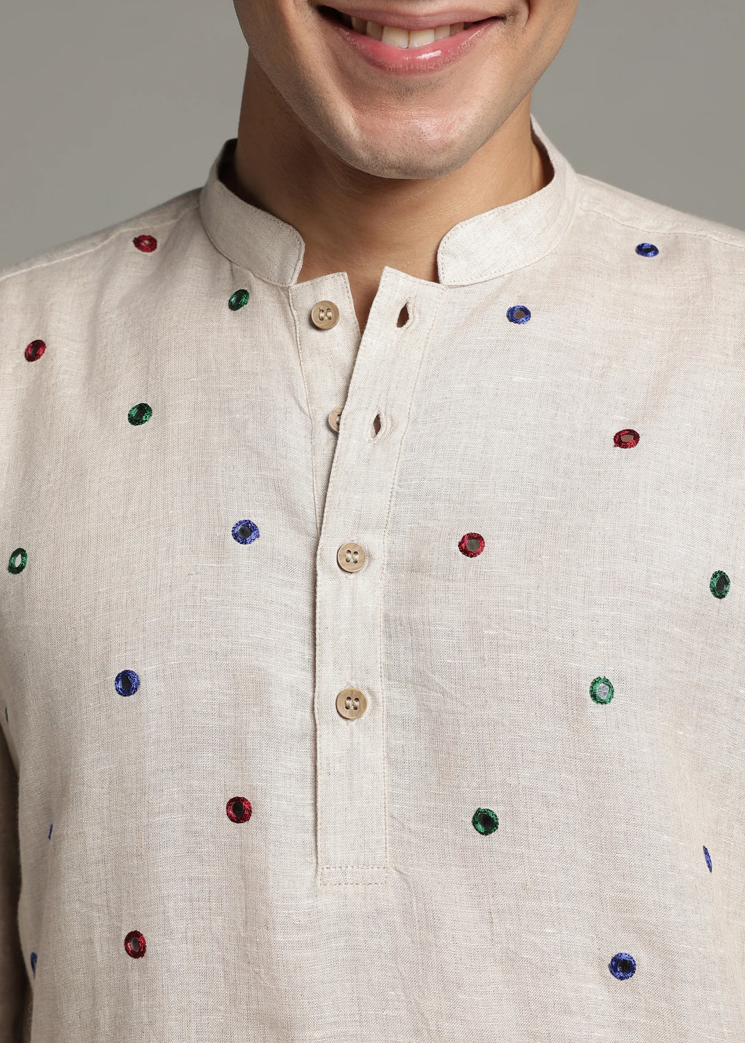Aaina - Pure Linen Mirror Embroidered Regular Kurta - Ecru