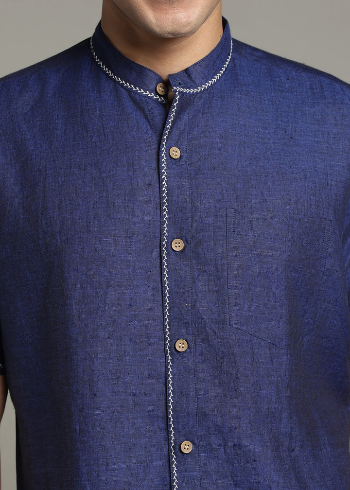 Oram - Pure Linen Half Sleeve Shirt - Prussian Blue