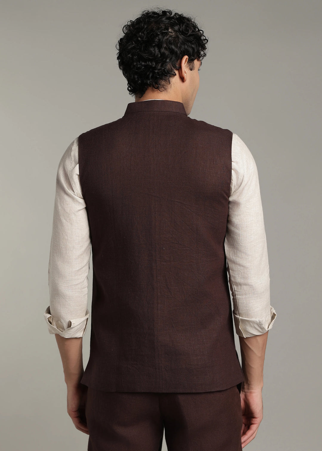 Safar - Multi Pocket Pure Linen Nehru Jacket - Cocoa Brown