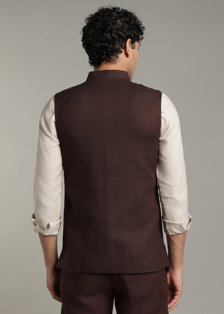Safar - Multi Pocket Pure Linen Nehru Jacket - Cocoa Brown