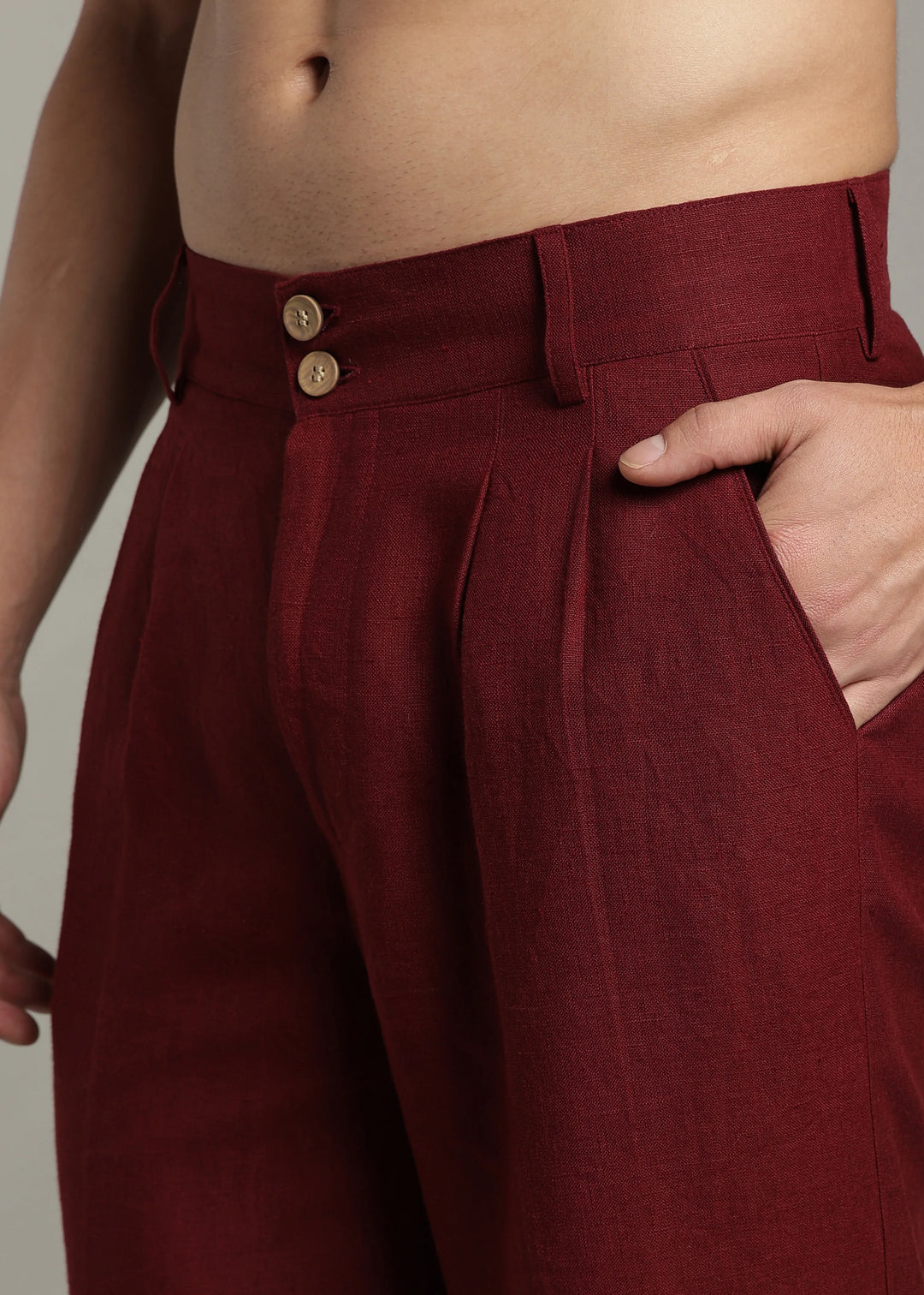 Ashford - Pure Linen Double Pleated High Waisted Trousers - Dark Maroon