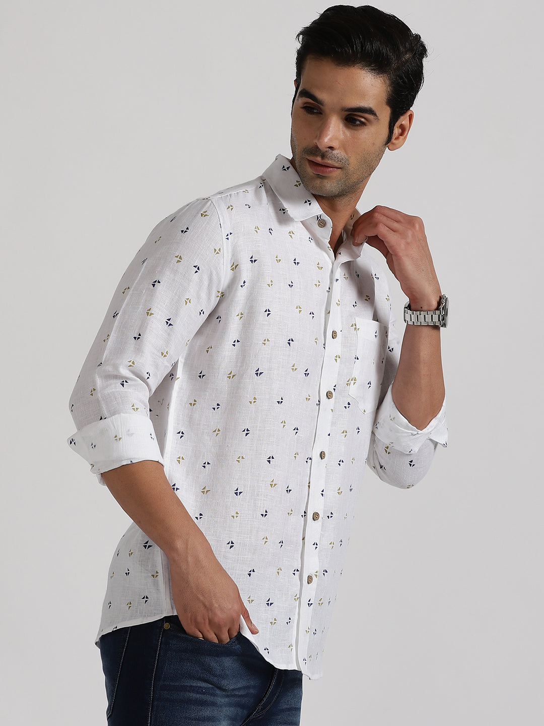 Elies - Pure Linen Block Printed Full Sleeve Shirt - Navy & Mustard