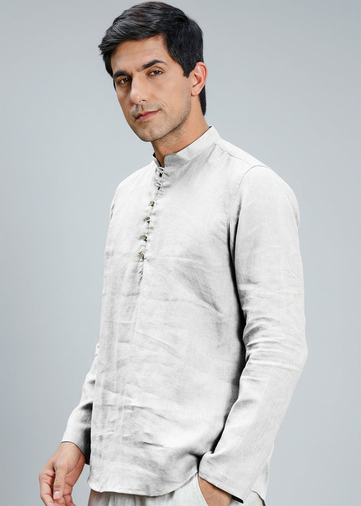 Shurta - Pure Linen Full Sleeve Short Kurta Shirt - Cloud White
