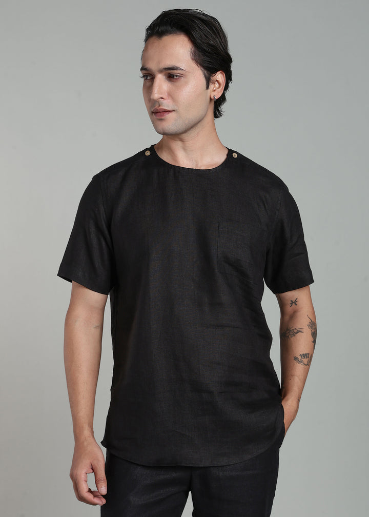 Nero - Pure Linen T-Shirt with Side Double Button Closure – Black
