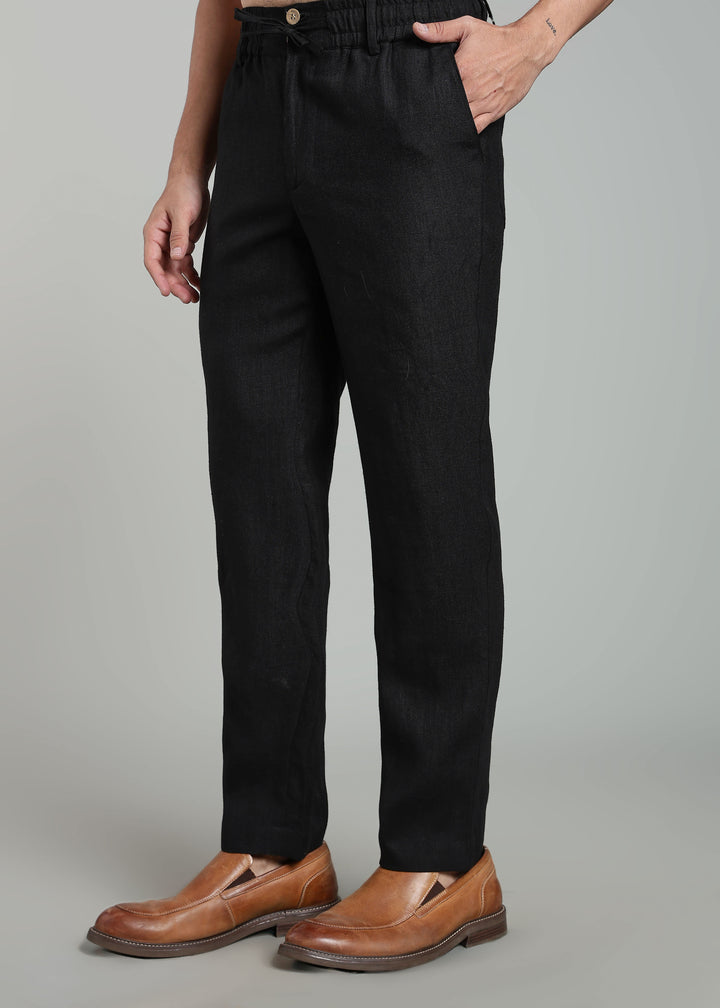 Drake - Pure Linen Trousers With Elastic Waist Band, Drawcord & Zipper - Black