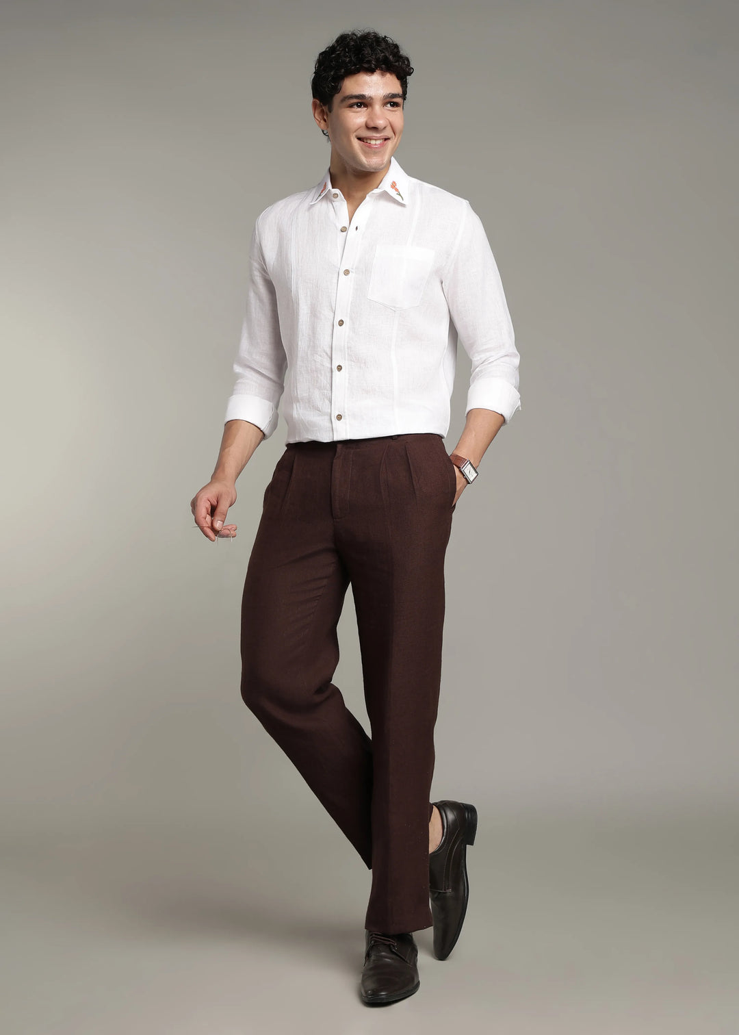 Amber - Pure Linen Full Sleeve Shirt with Embroidered Collar - White