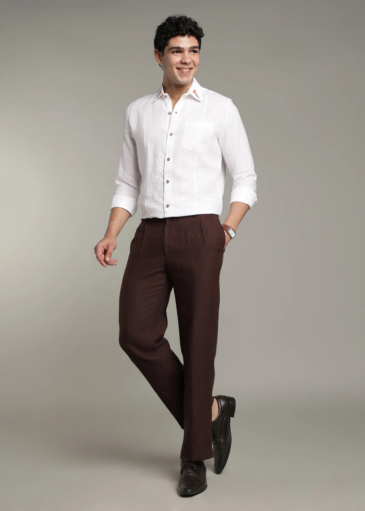 Amber - Pure Linen Full Sleeve Shirt with Embroidered Collar - White