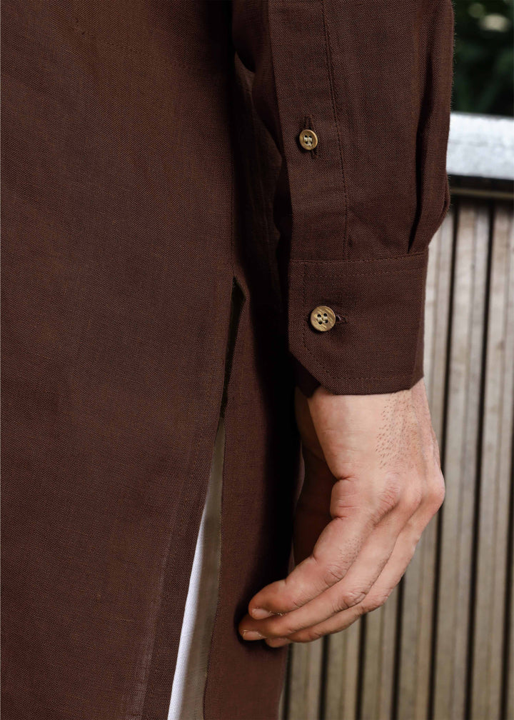 Yash Kurta - Pure Linen Kurta with Floral Embroidery | Coffee Brown