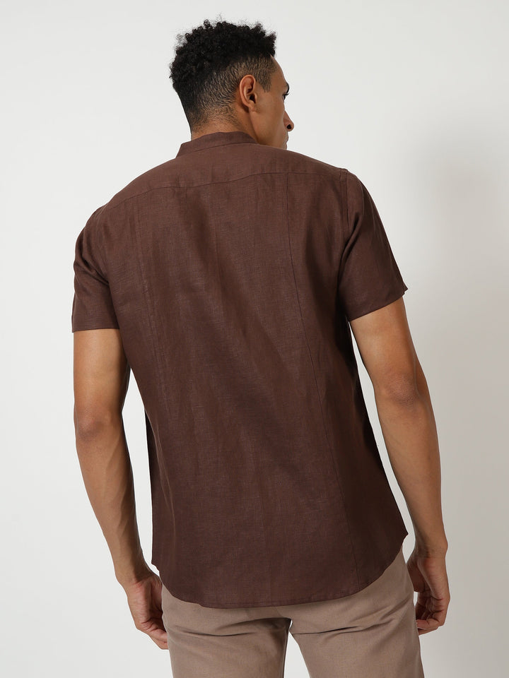 Trevor - Pure Linen Mandarin Collar Half Sleeve Shirt - Coffee Brown | Relove